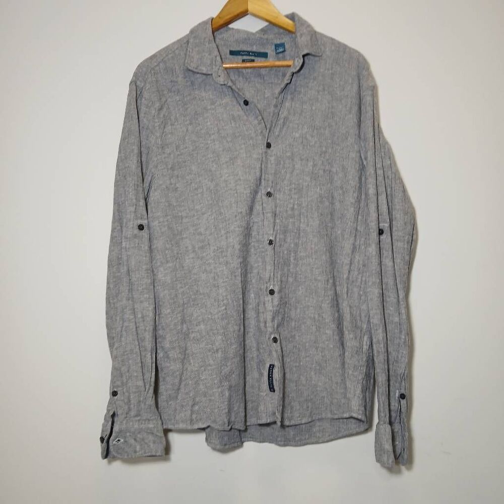 Perry ellis mens xl tab sleeve linen shirt gray longsleeve casual button down